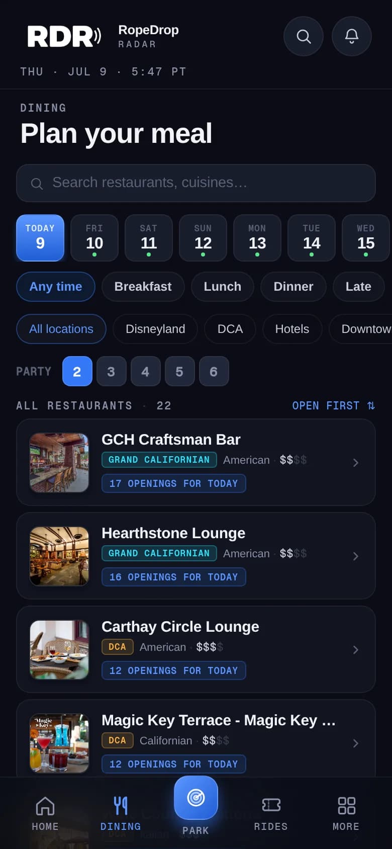 RopeDrop Radar dining tab with date, meal, and party filters and live reservation openings